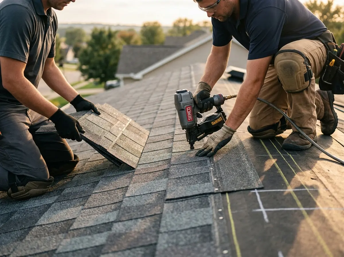 Professional roofer working on a residential roof in Pflugerville